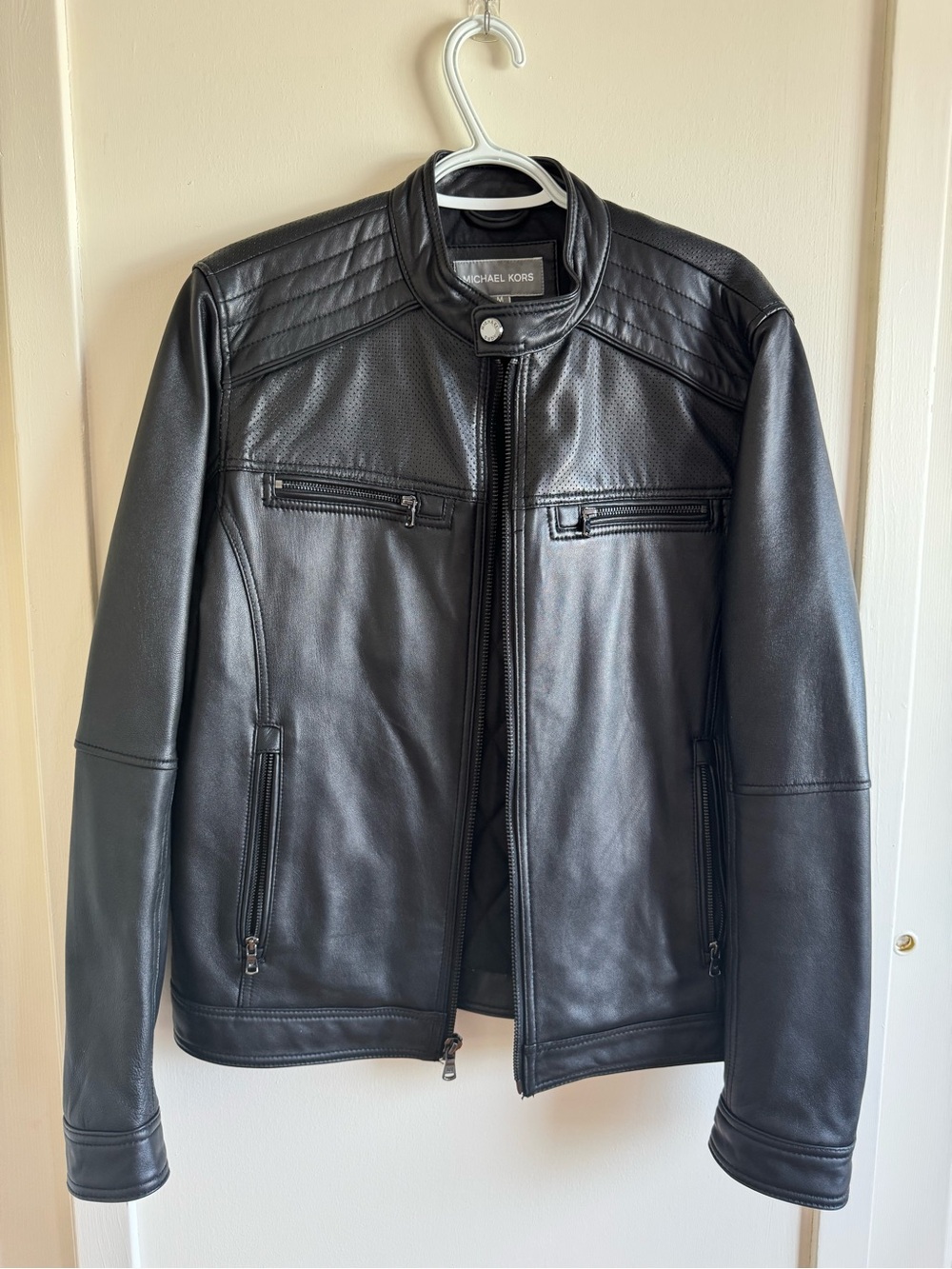 Michael Kors Black Leather Quilted-Shoulder Bomber Jacket with Zip Pockets